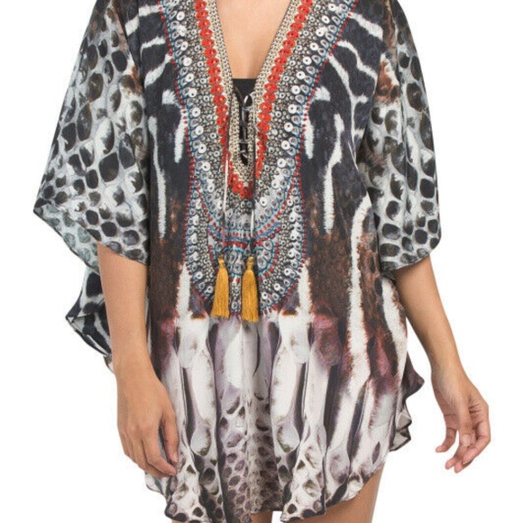 NWT~TRUE COLOURS La Moda Clothing Kaftan with Crystals Swim Cover Up Tunic ~OS - Picture 3 of 3